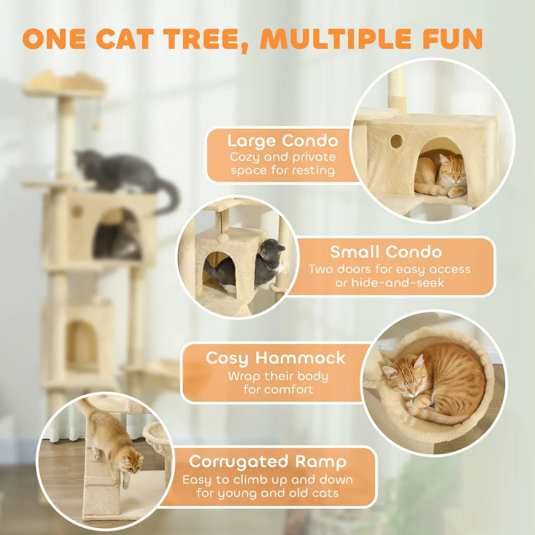 PawHut 180cm Large Cat Tree Tower with Sisal Scratching Posts, Condos, Plush Perches, Hammock, Ladder, Beige