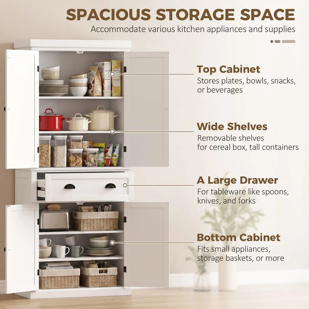 HOMCOM Tall Kitchen Cupboard, 183 cm Freestanding Storage Cabinet with Drawer, 4 Doors and Adjustable Shelves, White