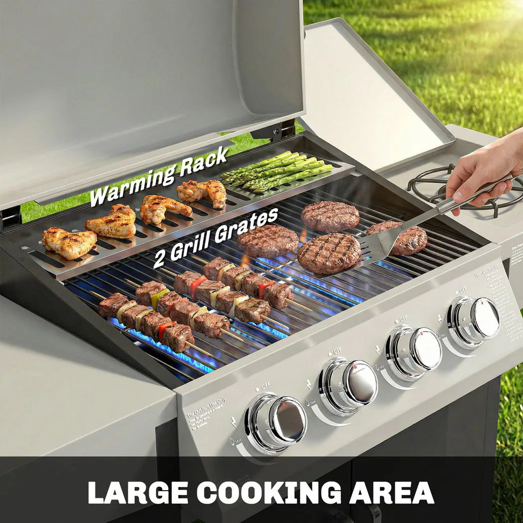 Outsunny 4 Burner Gas BBQ Grill with Side Burner, 14.5 kW Steel Portable Gas Barbecue Grill with Built-in Thermometer, Lid