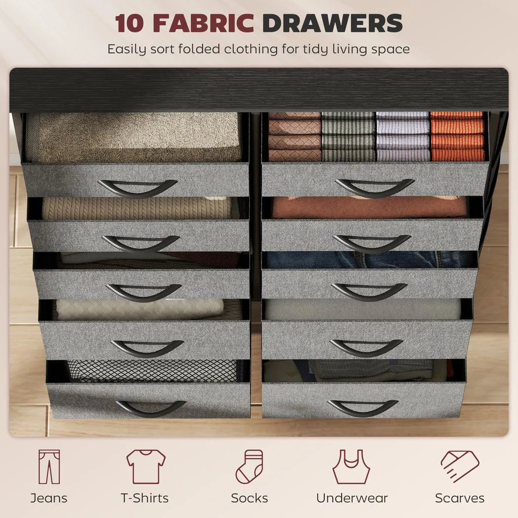 HOMCOM Chest of Ten Fabric Drawers - Charcoal Grey