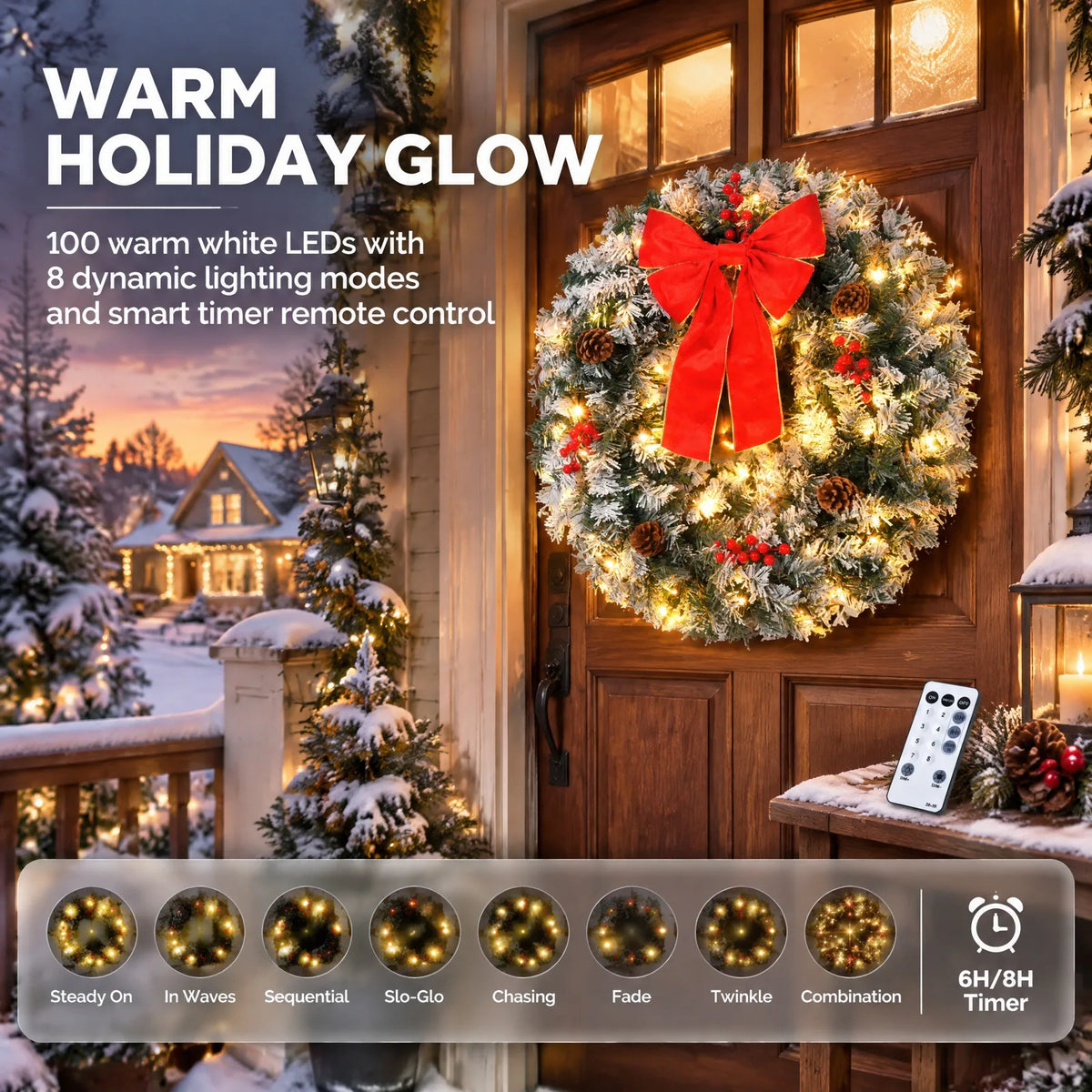 36in Pre-lit Snow Flocked Christmas Wreath, Lighted Artificial Xmas Wreath with 100 Warm Lights and 300 PVC Tips and Bow Red Berries Pine Cones, for Front Door Gate Wall Xmas Party Decorations