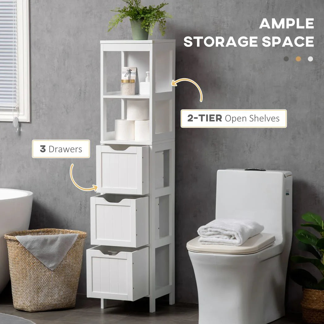 HOMCOM Narrow Floor Cabinet, Bathroom Cabinet with 3 Drawers and 2 Open Shelves, 30W x 30D x 141.6Hcm, White