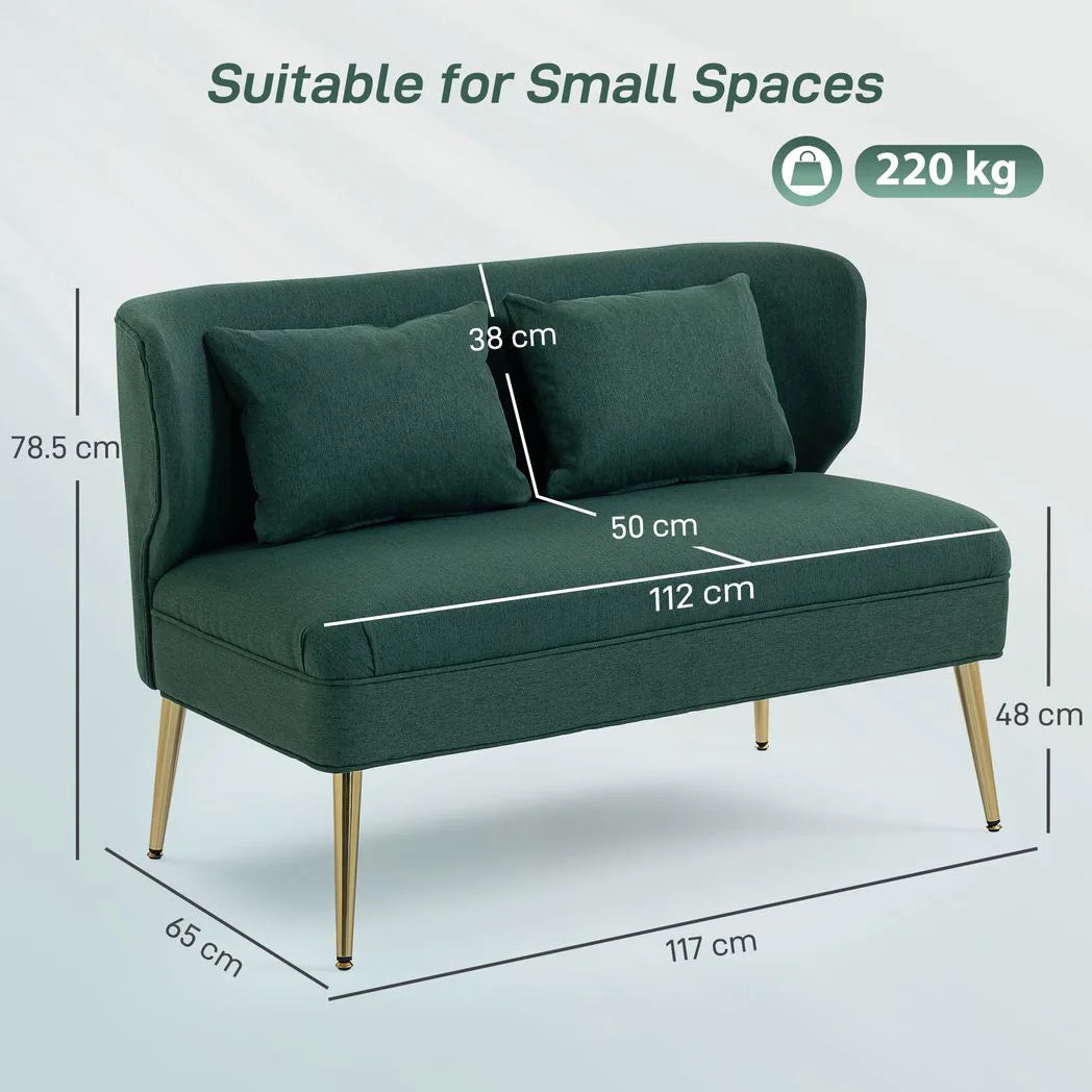 HOMCOM 2 Seater Sofa, Linen-look Fabric Small Sofa with Wing Back, Thick Seat, Metal Legs, Dark Green