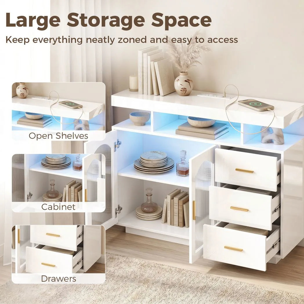 HOMCOM High Gloss Sideboard with LED Lights, Built-in Power Outlets, 3 Drawers, Shelves and 2 Acrylic Doors, White