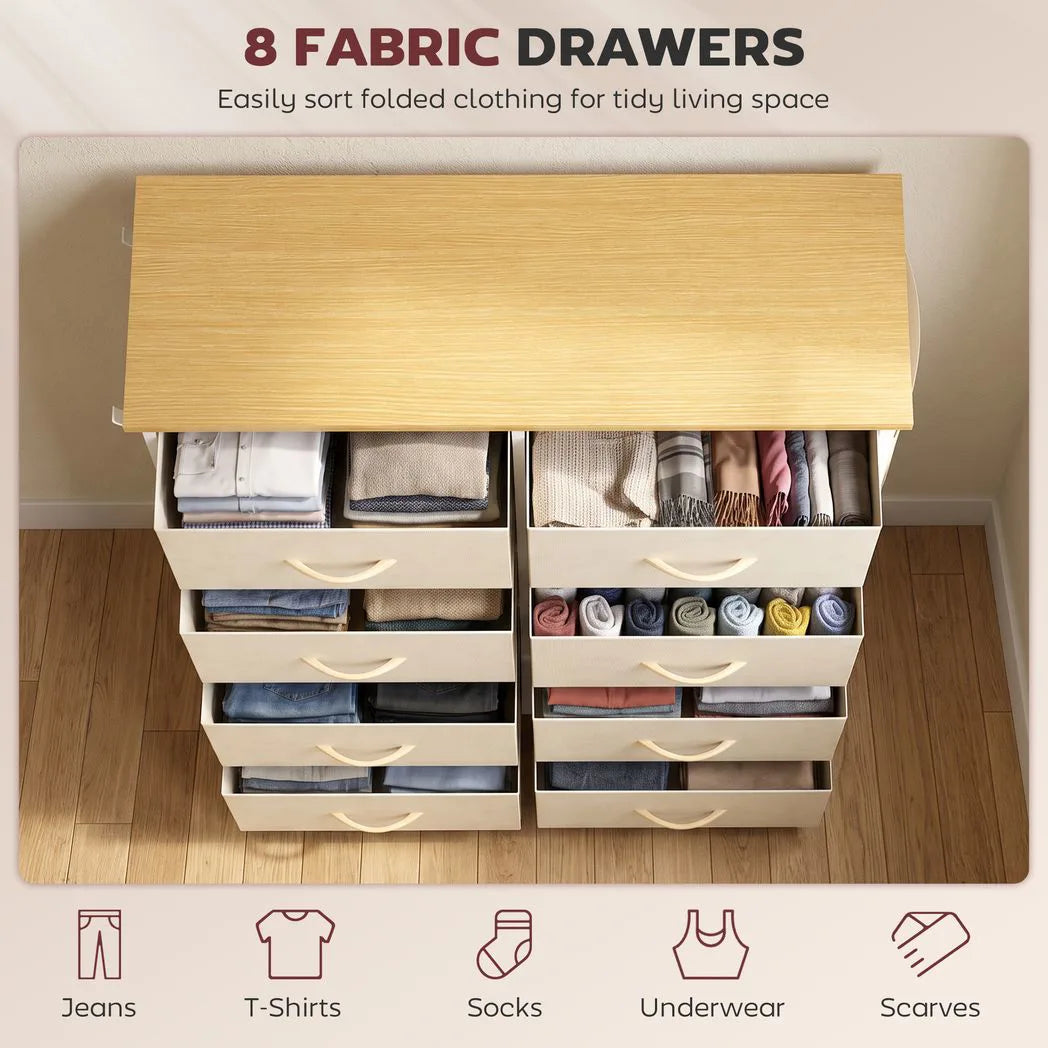 HOMCOM Chest of Drawers, Dresser with 8 Fabric Drawers, Tall Storage Unit with 4 Pockets and 2 Hooks Steel Frame, Beige