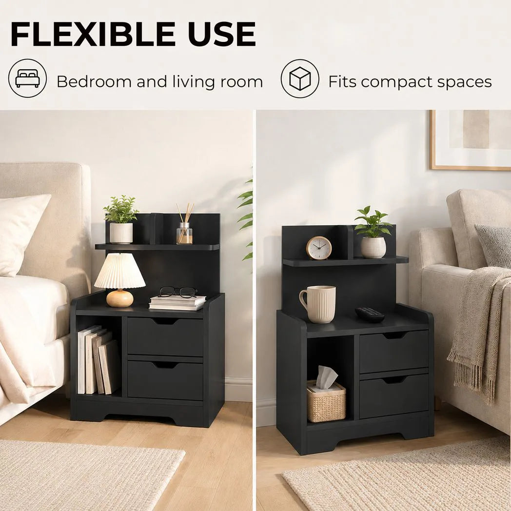 HOMCOM Bedside Table, Small Bedside Cabinet with 2 Drawers and Storage Shelves for Bedroom, Black Wood Effect