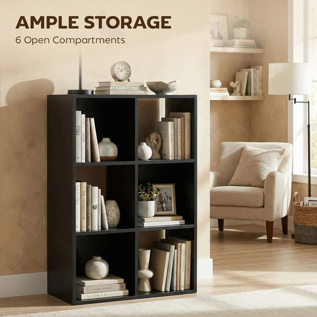 HOMCOM Industrial Style Storage Shelf, Bookcase, Bookshelf with 6 Compartments, for Living Room, Home Study, Black Wood Effect