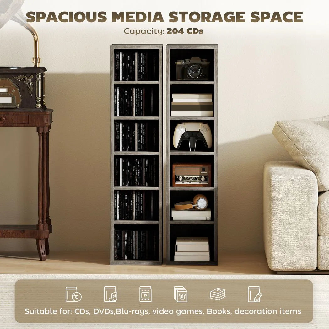 HOMCOM Set of 2 CD Media Display Shelf Unit Tower Rack with Adjustable Shelves, Distressed Grey