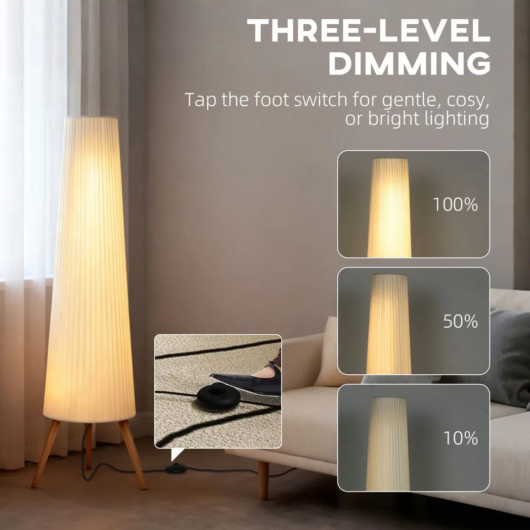HOMCOM Dimmable Tripod Floor Lamp with Foot Switch, Nordic Standing Lamp with Fabric Shade, 153cm, White, White and Natural
