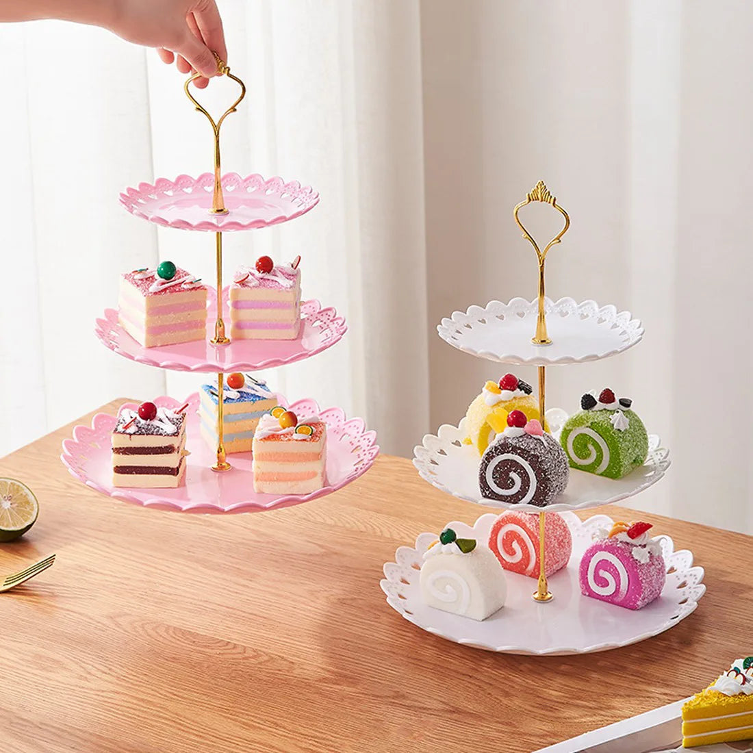 6pcs Cake Stand Afternoon Tea Wedding Plates Party Embossed Tableware Holder-Pink
