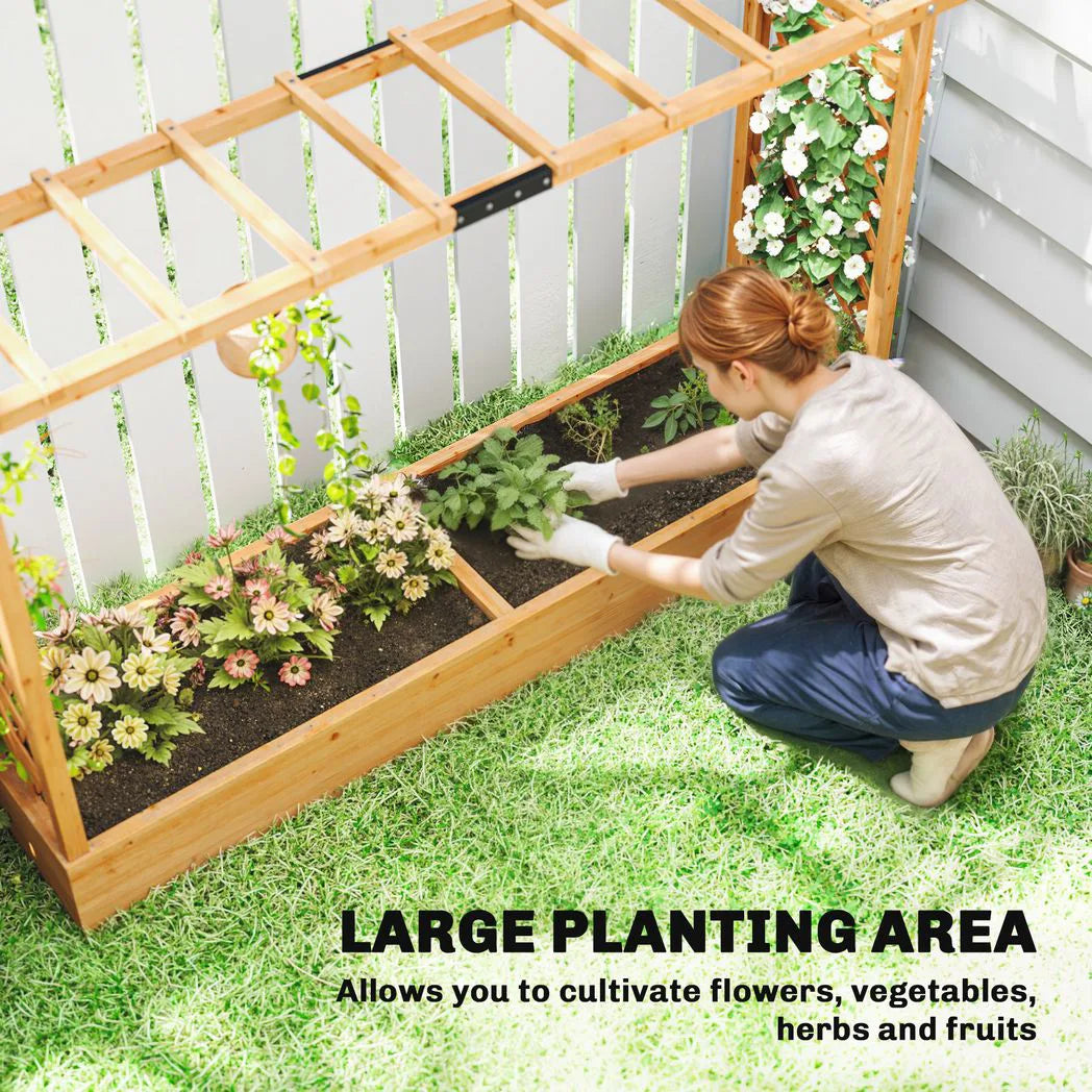 Outsunny Raised Planter with Trellis, Wooden Raised Bed for Garden with Hanging Roof and Drainage Holes, Outdoor Planter Box