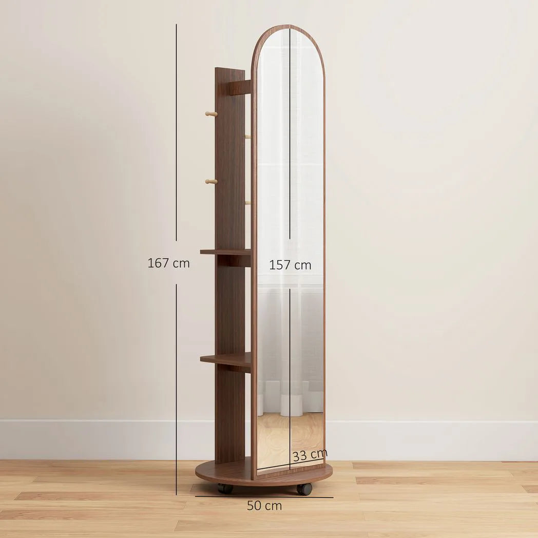 HOMCOM 2-in-1 Full Length Mirror with Storage Shelves, Floor Mirror with 4 Wheels, Coat Rack, Hooks, Brown Wood Effect