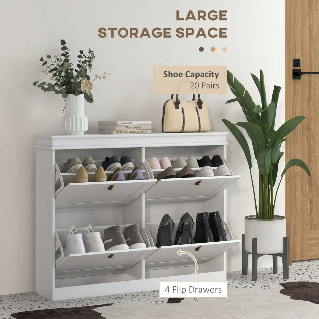 HOMCOM Slim Shoe Cabinet, Shoe Cabinet with 4 Drop-Down Drawers, 105W x 24D x 82.5H cm,  White