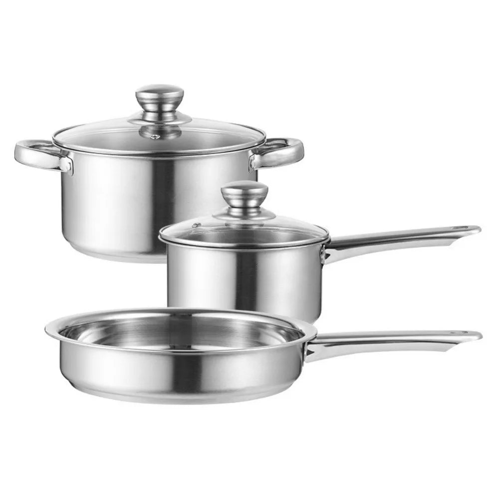 Stainless Steel 3Pcs Cookware Set Saucepan Stockpot Fry Pan w/Lids Steel Handle
