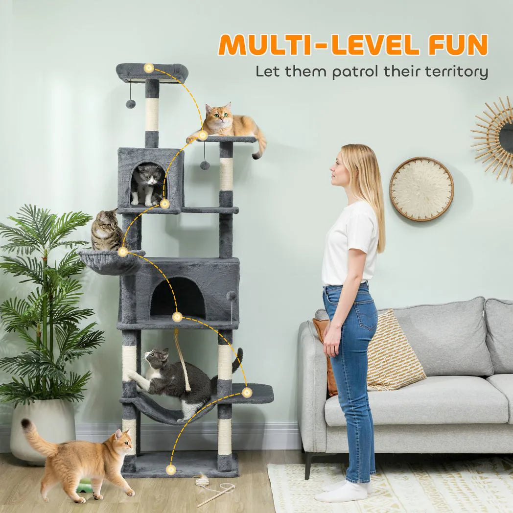 PawHut 202cm Large Cat Tree with 6 Scratching Posts, 2 Hammocks, 2 Condos, 2 Perches, Pompoms, for Indoor Cats to Rest and Play