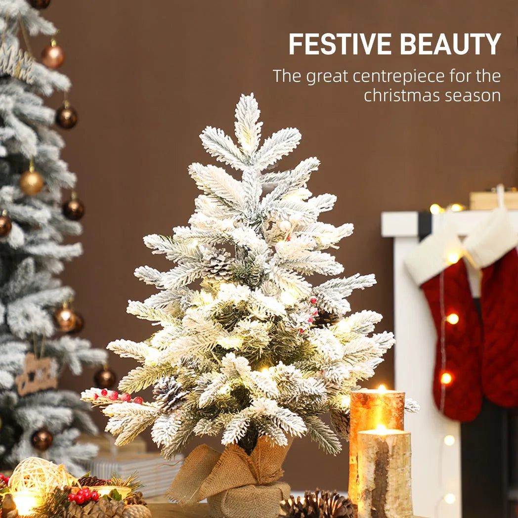 HOMCOM 60 cm Prelit Small Christmas Tree with 35 LED Lights, Snow Flocked Tabletop Mini Xmas Tree with Pine Cones, Berry Clusters and Linen Cover Base, Battery Operated, Green