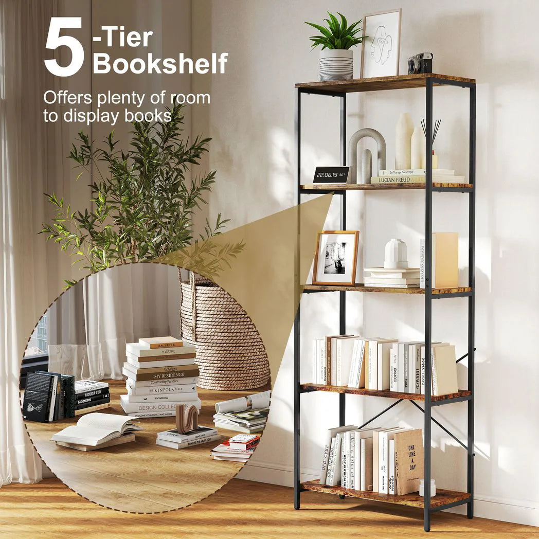 HOMCOM 5-Tier Bookshelf, Industrial Bookcase with Metal Frame - Rustic Brown and Black