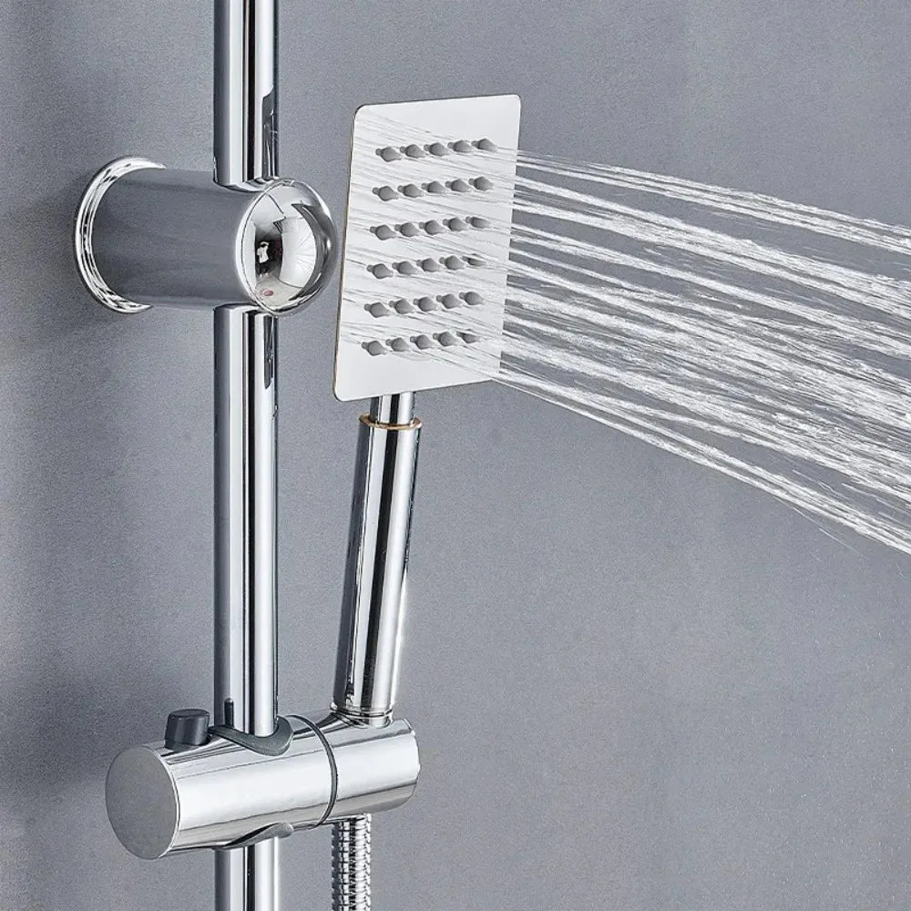 Bathroom Shower Kit Twin Head  Square Fixed Head Riser Rail Bath Mixer Tap Set