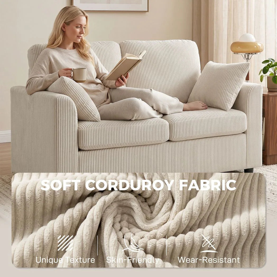HOMCOM 2 Seater Sofa, Corduroy Small Couch with Spring Cushion, Wide and Deep Seat, Beige