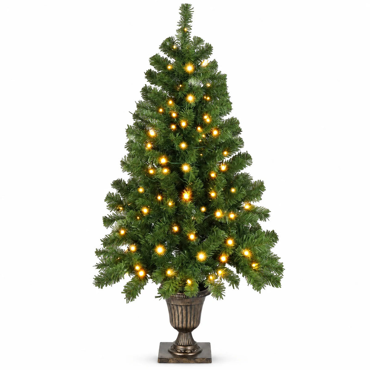 4 FT Pre-lit Artificial Christmas Tree with Trophy Shaped Base, Potted Xmas Tree with 120 Warm Lights, 211 Branch Tips and Remote Control for Holiday Party Office Home, Green
