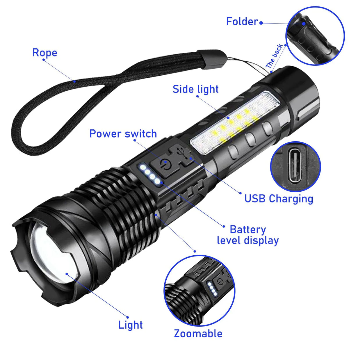 USB Rechargeable LED Flashlight Adjustable Focus Camping Hiking Outdoor Flashlight Work light (US Logistics For USPS/DHL/Fedex/UPS. No designated logistics accepted，TK/TMEU only For self-pickup）