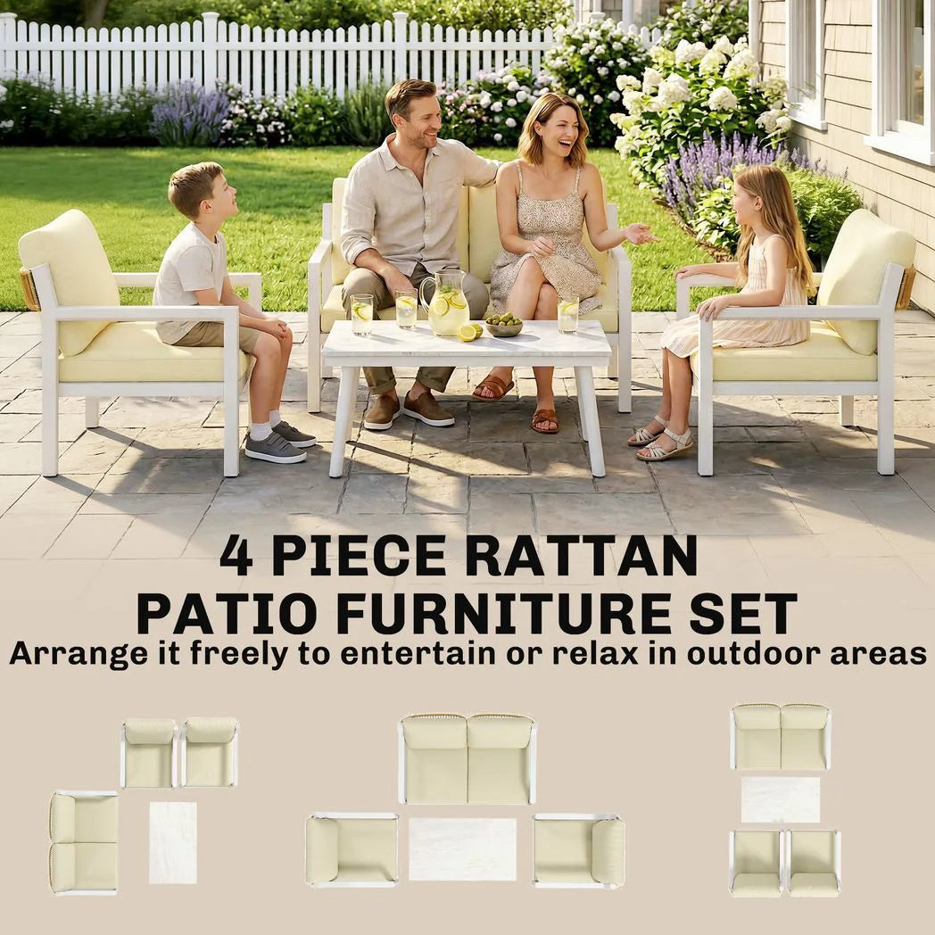 Outsunny 4 Seater Rattan Garden Furniture Set with 2 Armchairs, Loveseat, Coffee Table, Garden Sofa Set with Cushions, Beige