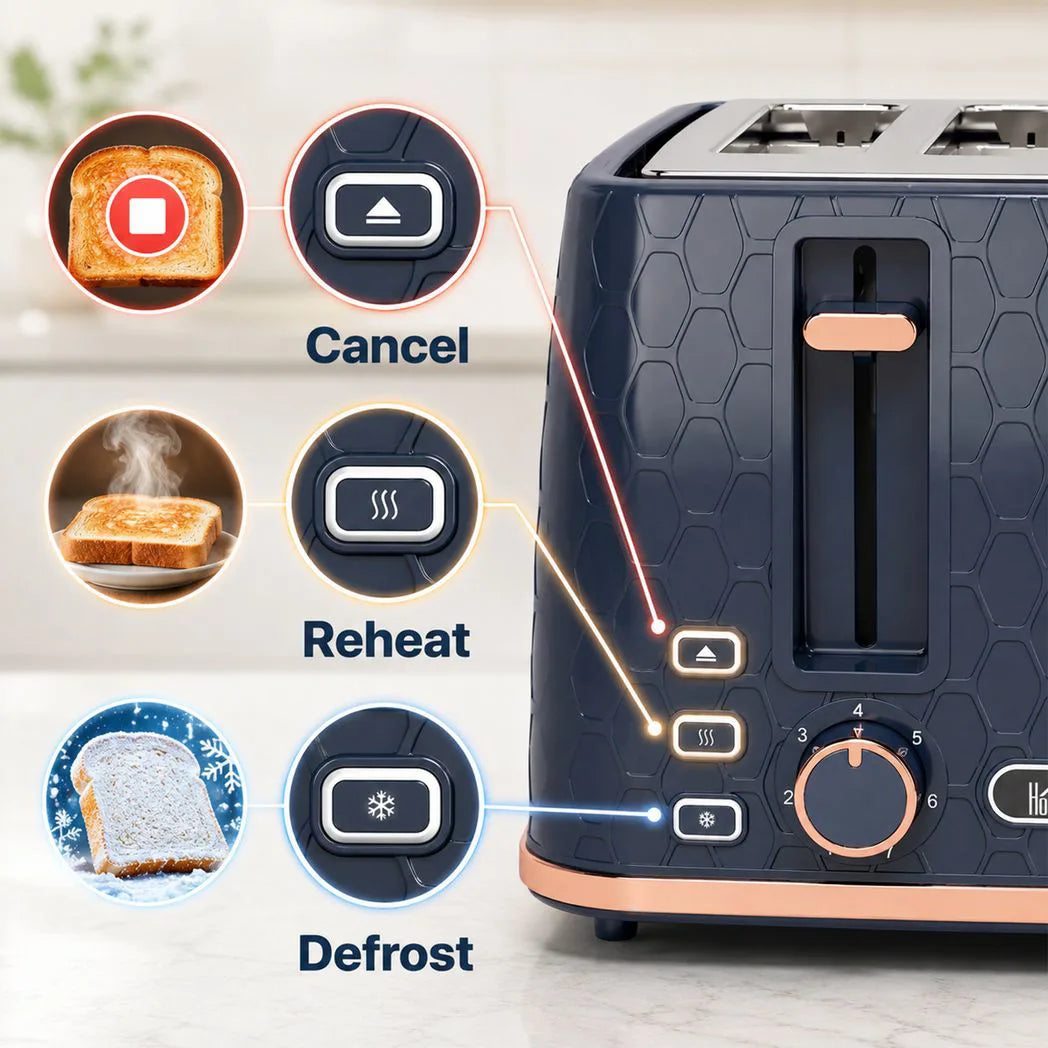 HOMCOM Toaster 4 slice, Toaster with 7 Browning Levels, High Lift, Reheat/Defrost/Cancel, Self-centring Function, Dark Blue