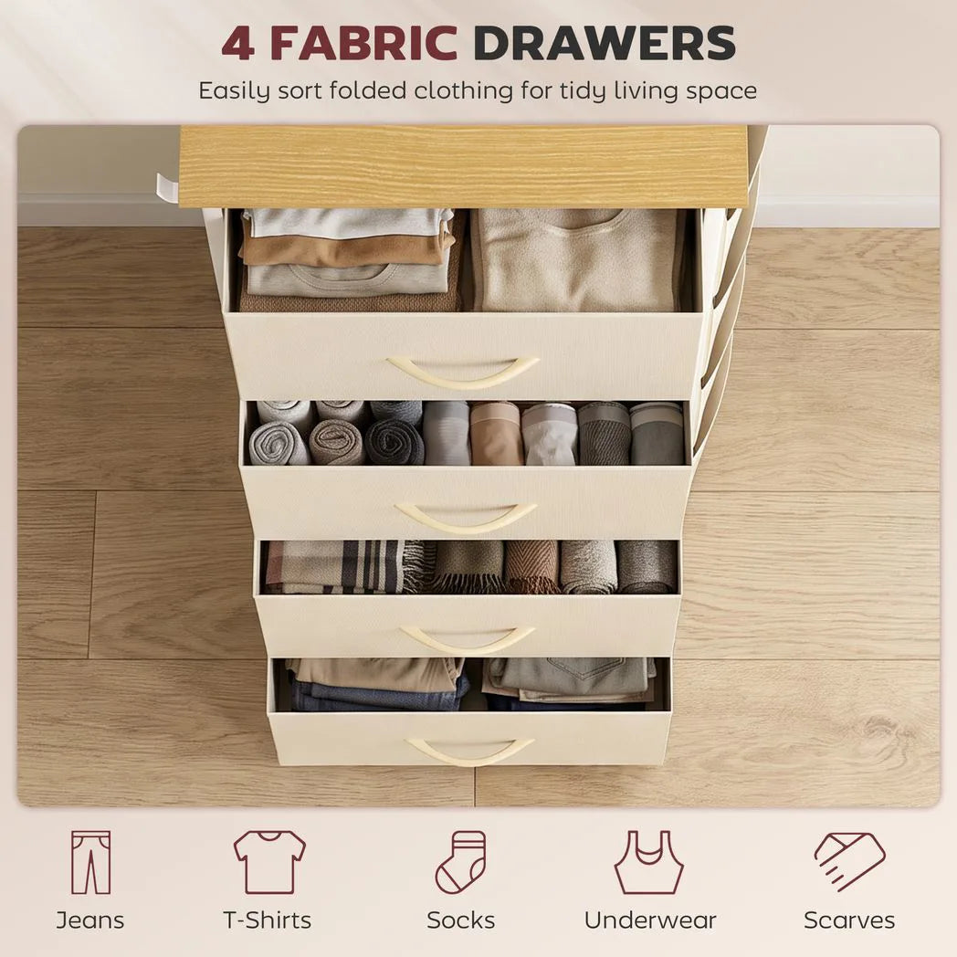 HOMCOM Chest of Drawers with 4 Fabric Drawers, Tall Storage Unit with 2 Hooks and Steel Frame for Bedroom, Beige