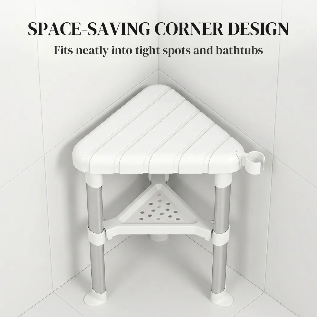 HOMCOM Shower Stool, Aluminium Alloy Corner Shower Chair with Storage Shelf and HDPE Seat, Adjustable Height, White