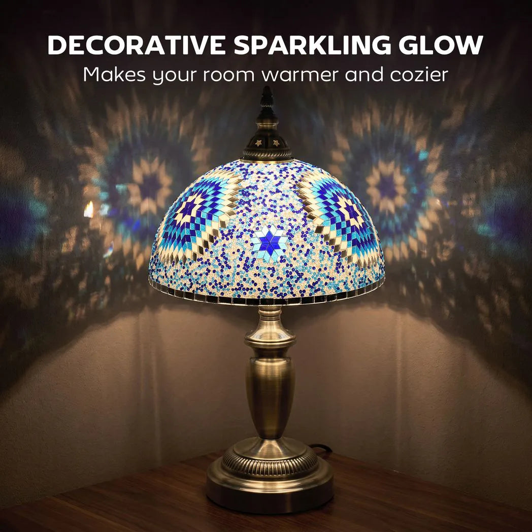 HOMCOM 30cm Tiffany Lamp, Stained Glass Bedside Table Lamp with Button Switch and Metal Base, Blue