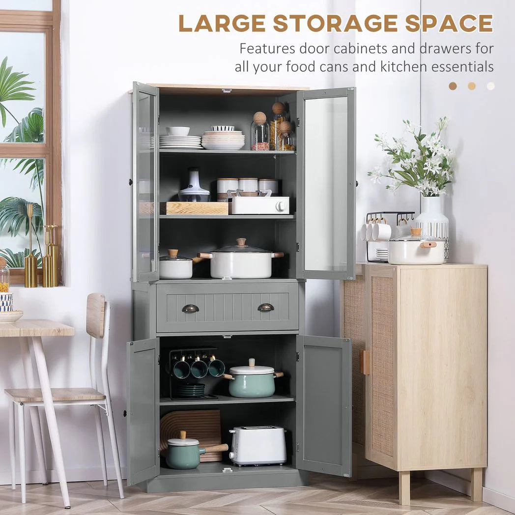 HOMCOM 180cm Tall Kitchen Pantry Cupboard, Freestanding Storage Cabinet with 5 Tier, Adjustable Shelves,  Drawer, Grey