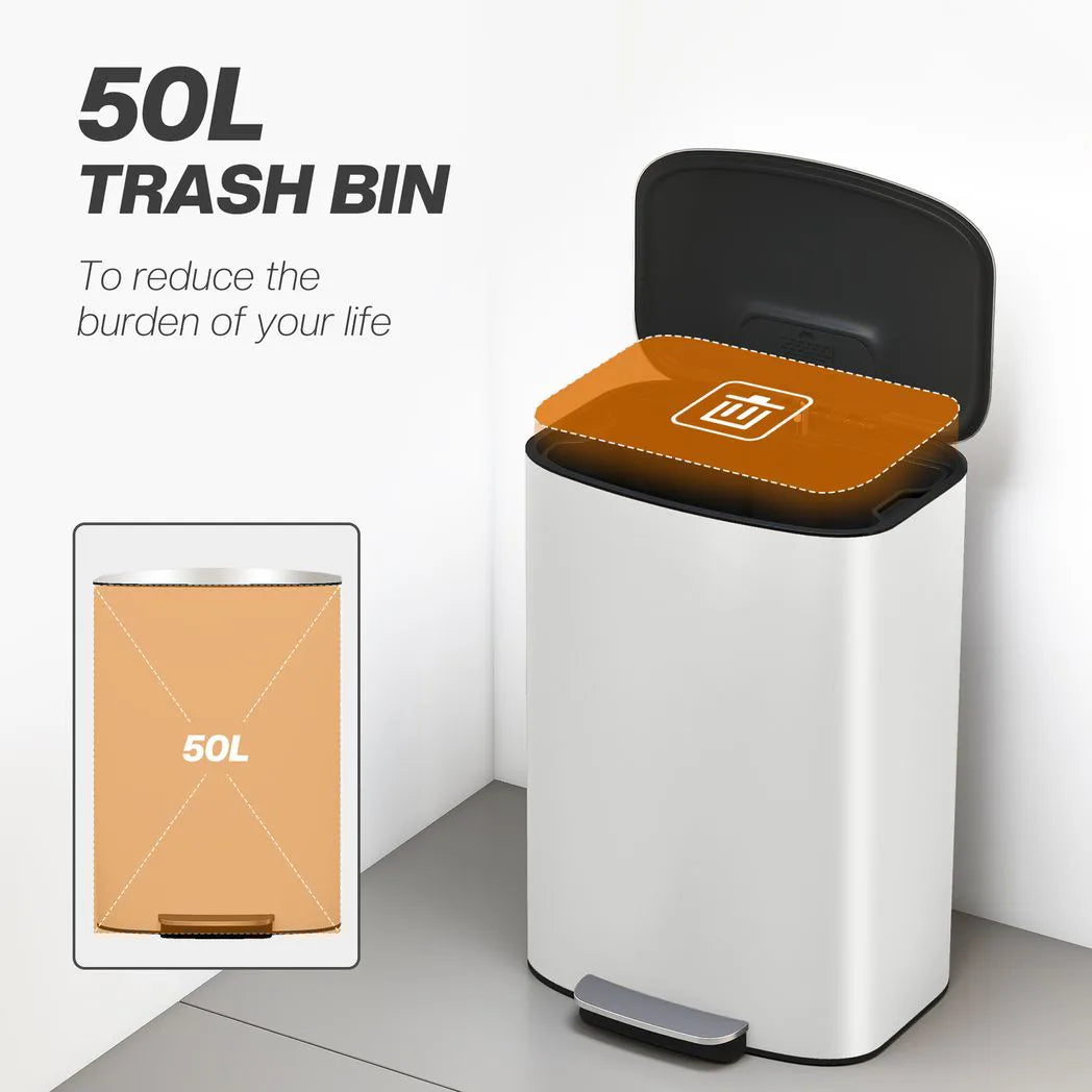 HOMCOM 50L Kitchen Bin with Soft-Close Lid and Stay-Open Function, Stainless Steel Pedal Bin with Removable Inner Bucket, Carry Handle for Kitchen, Office, Home, Cream