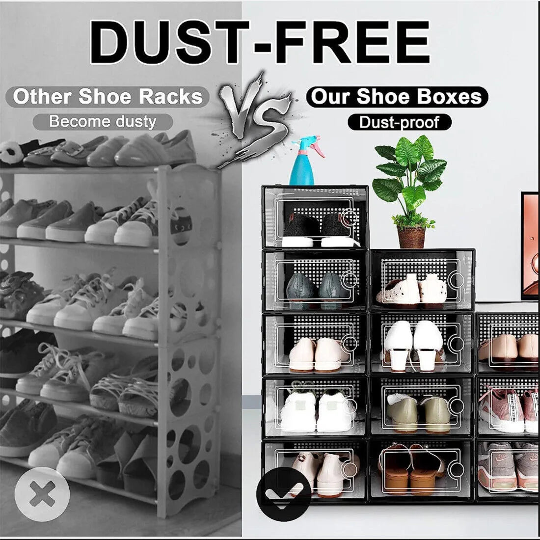 Brand New 12-Piece Set of Clear Shoe Boxes/Storage Bins — Plastic, Stackable-Black