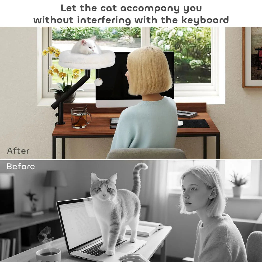 PawHut Cat Desk Bed, Cat Hammock 360° Rotatable Adjustable for Window, Table, Work, Cream White