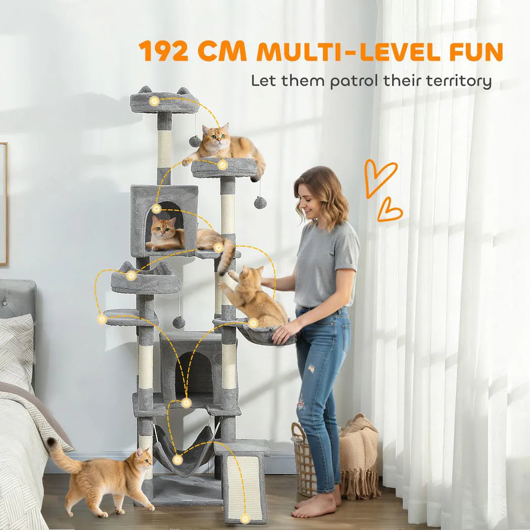 PawHut Cat Tree, 192 cm Large Multi-Level Cat Tower for Indoor Kittens with 8 Scratching Posts, 3 Plush Beds, 2 Hammocks