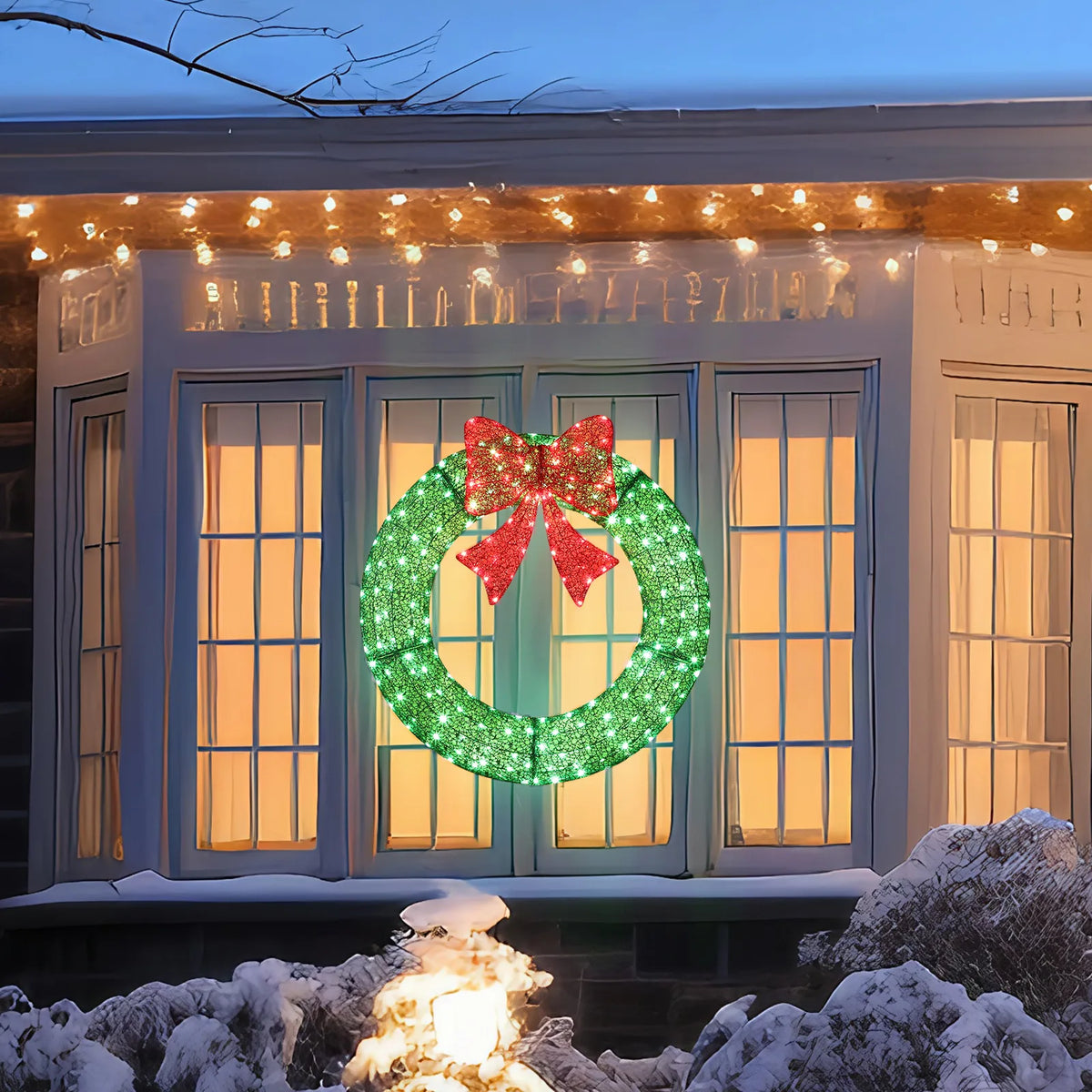 36in Pre-lit Outdoor Christmas Wreath Decoration, Lighted Metal Wreath with Red Bow, Remote Control LED Lights with Timer, for Front Door Gate Wall Indoor Outdoor Holiday Party