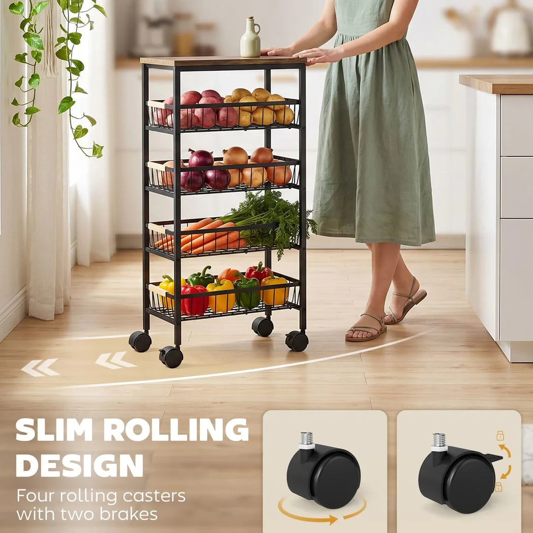 HOMCOM Metal Kitchen Trolley, 4-Tier Storage Trolley with Pull-Out Baskets and 4 Swivel Casters for Kitchen, Rustic Brown