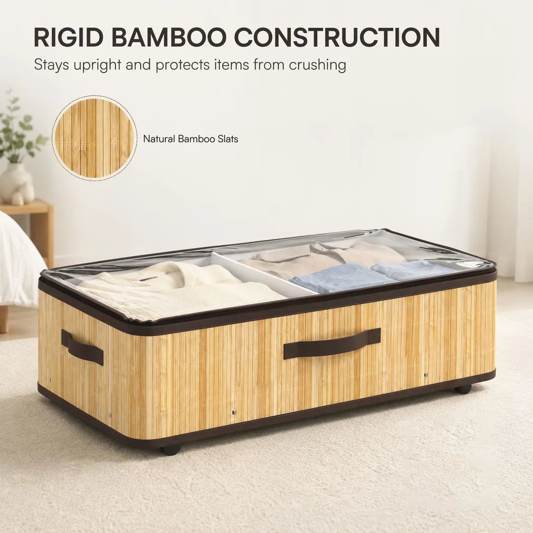 HOMCOM 60L Under Bed Storage with Wheels Pack of 2, Underbed Storage Box with Clear Lid Cover and Reinforced Handle, Natural