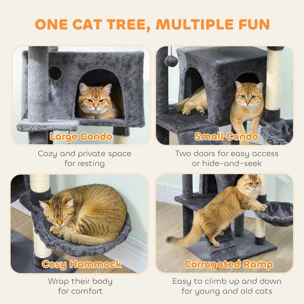 PawHut 140cm Large Cat Tree Tower with Sisal Scratching Posts, Cat Houses, Plush Perches, Hammock, Ladder, Dark Grey