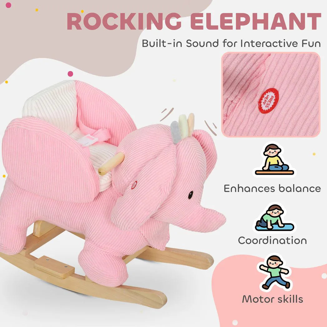 AIYAPLAY Kids Rocking Horse, Baby Ride on Elephant Rocker with Safety Belt and Sound for Toddlers 18 to 36 Months, Pink