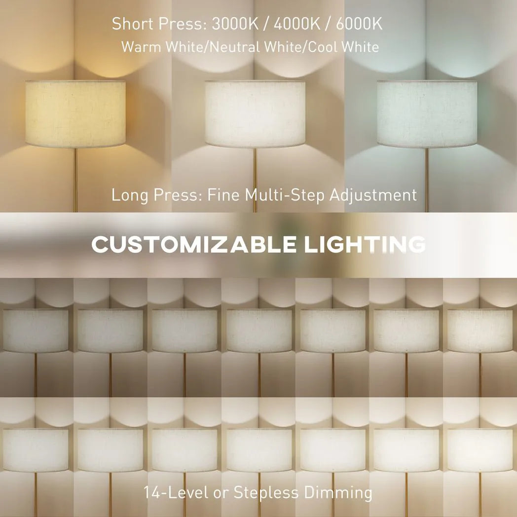 HOMCOM Floor Lamp with Remote, Height Adjustable Standing Lamp with Linen Shade, Dimmable with 3000K-6000K Adjustable Colour Temperatures, Foot Switch for Living Room Bedroom Office, Gold Tone
