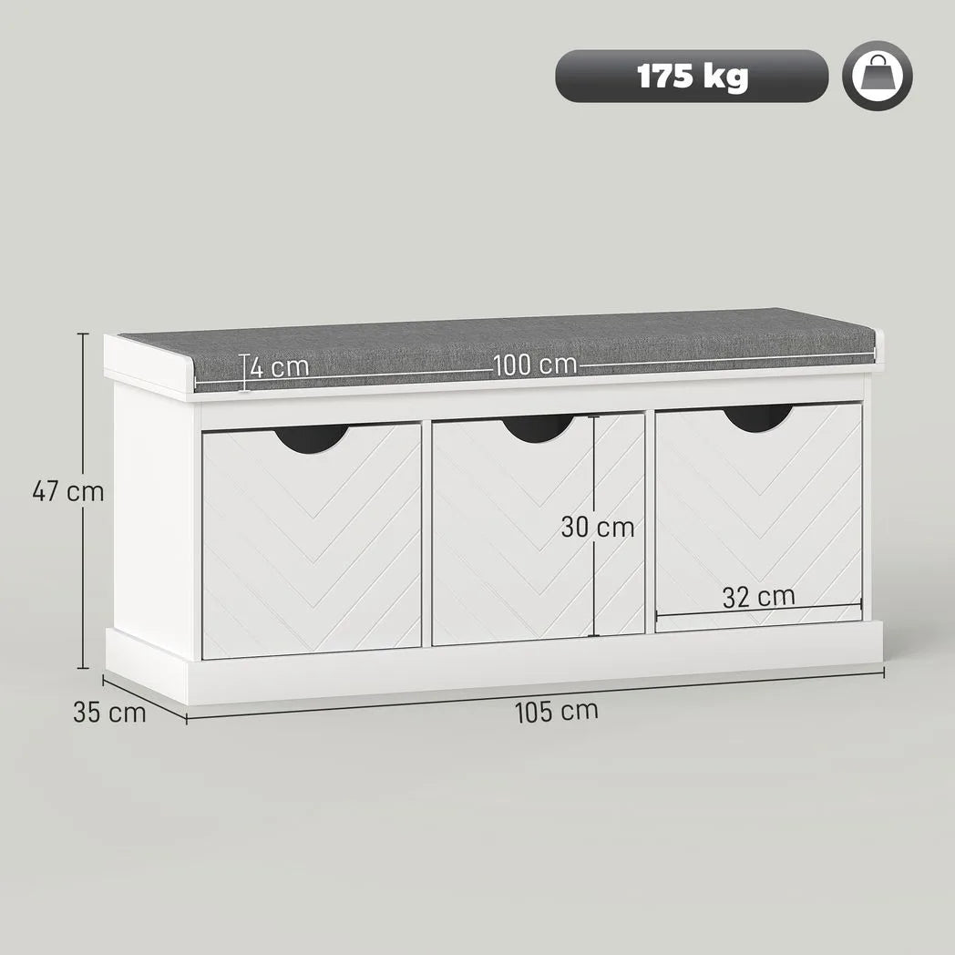 HOMCOM 3-Drawer Padded Shoe Bench with Breathable & Washable Linen-look Cover, White