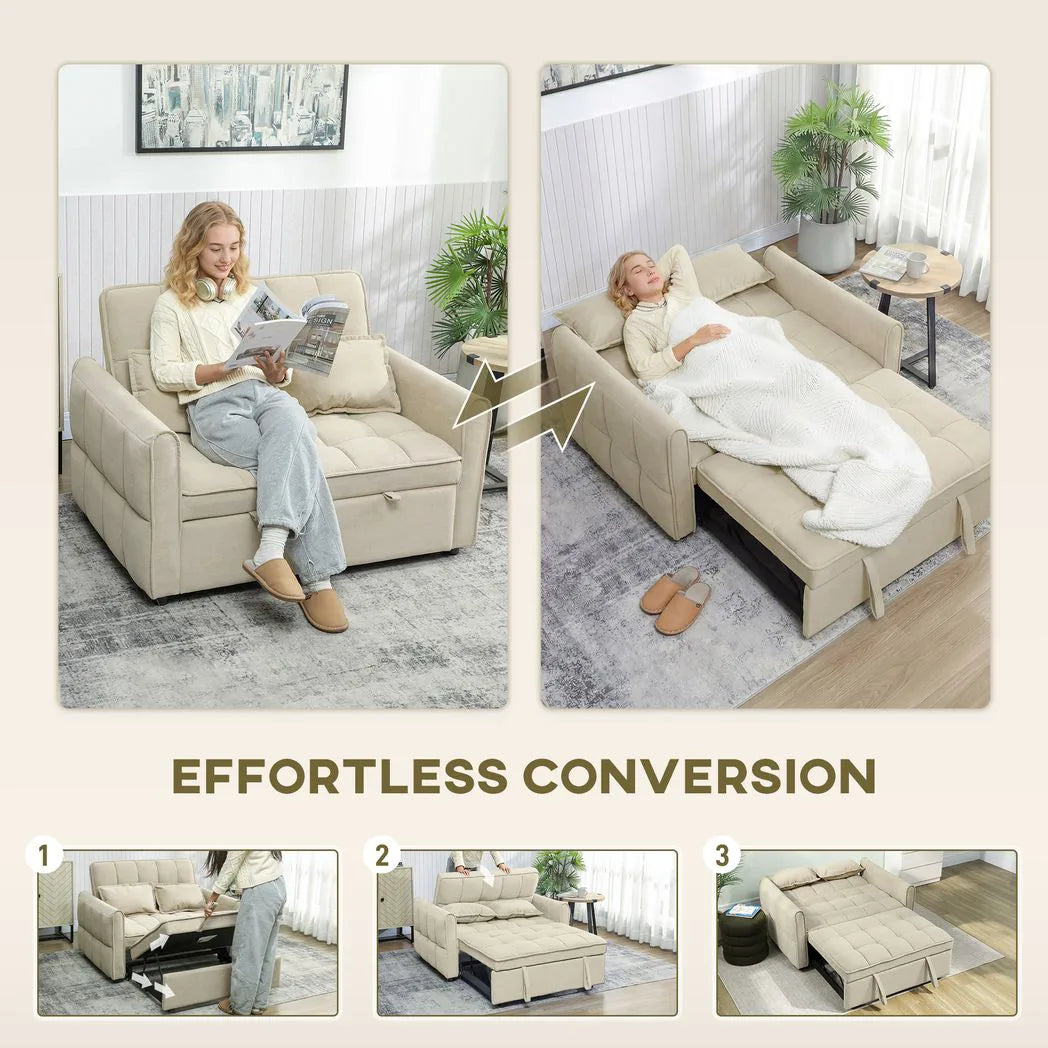 HOMCOM 2 Seater Sofa Bed, 3-in-1 Convertible Sleeper Sofa with Click-clack Adjustable Backrest and 2 Pillows, Light Brown
