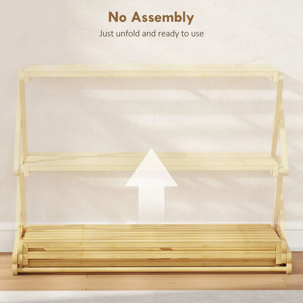 HOMCOM Three-Tier Folding Bamboo Shoe Rack - Natural Finish
