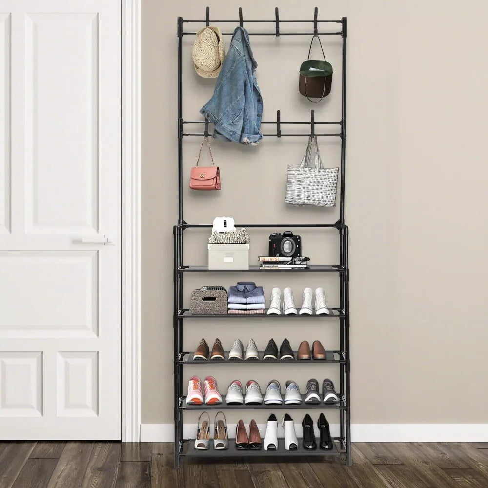 New Coat and Hat Stand 8 Hooks Metal Shoe Rack 5 Tiers Shelf Hanger Black