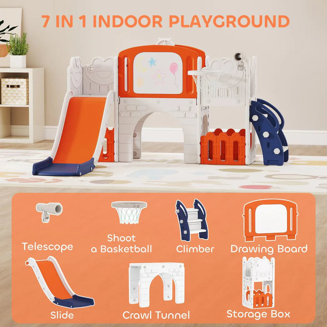 AIYAPLAY 7 in 1 Toddler Slide Set with Basketball Hoop, Climbing Frame, Telescope, Drawing Board, Storage Box, Orange
