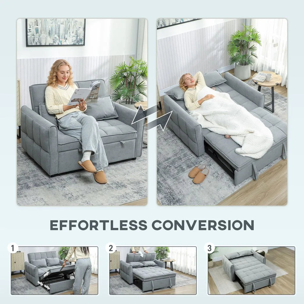 HOMCOM 2 Seater Sofa Bed, 3-in-1 Convertible Sleeper Sofa with Click-clack Adjustable Backrest and 2 Pillows, Grey