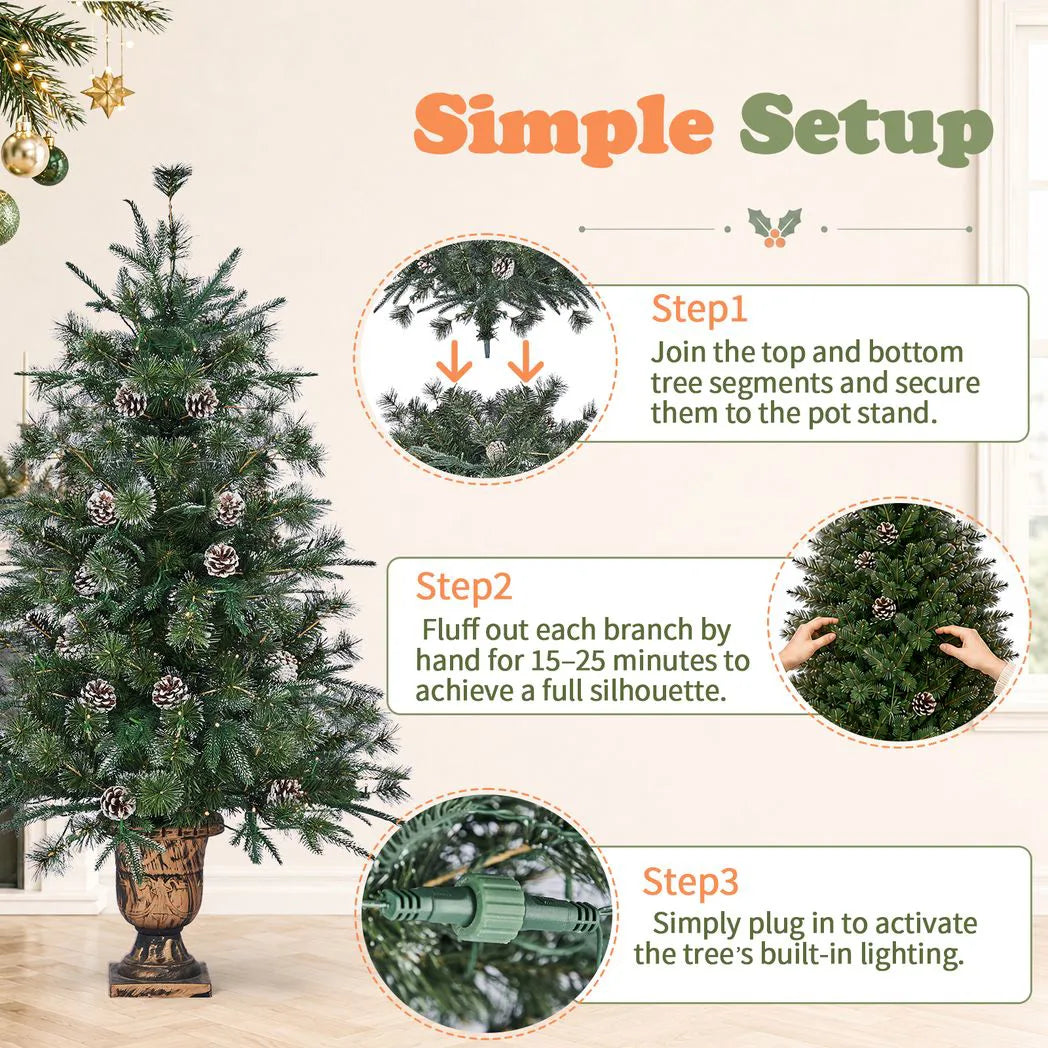 Green Pre-Lit Christmas Tree 4ft, 100 Warm White LED, 200 Branch Tips PVC+PE, 8 Light Modes with Remote, UK Plug 30V