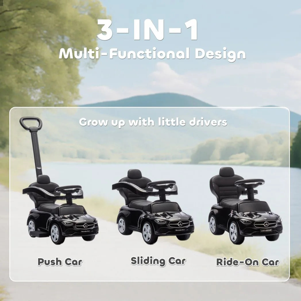 AIYAPLAY 2 in 1 Baby Ride on Push Car Mercedes-Benz C-Class Licensed Walker Foot to Floor Push-Along with Removable Handle, Black