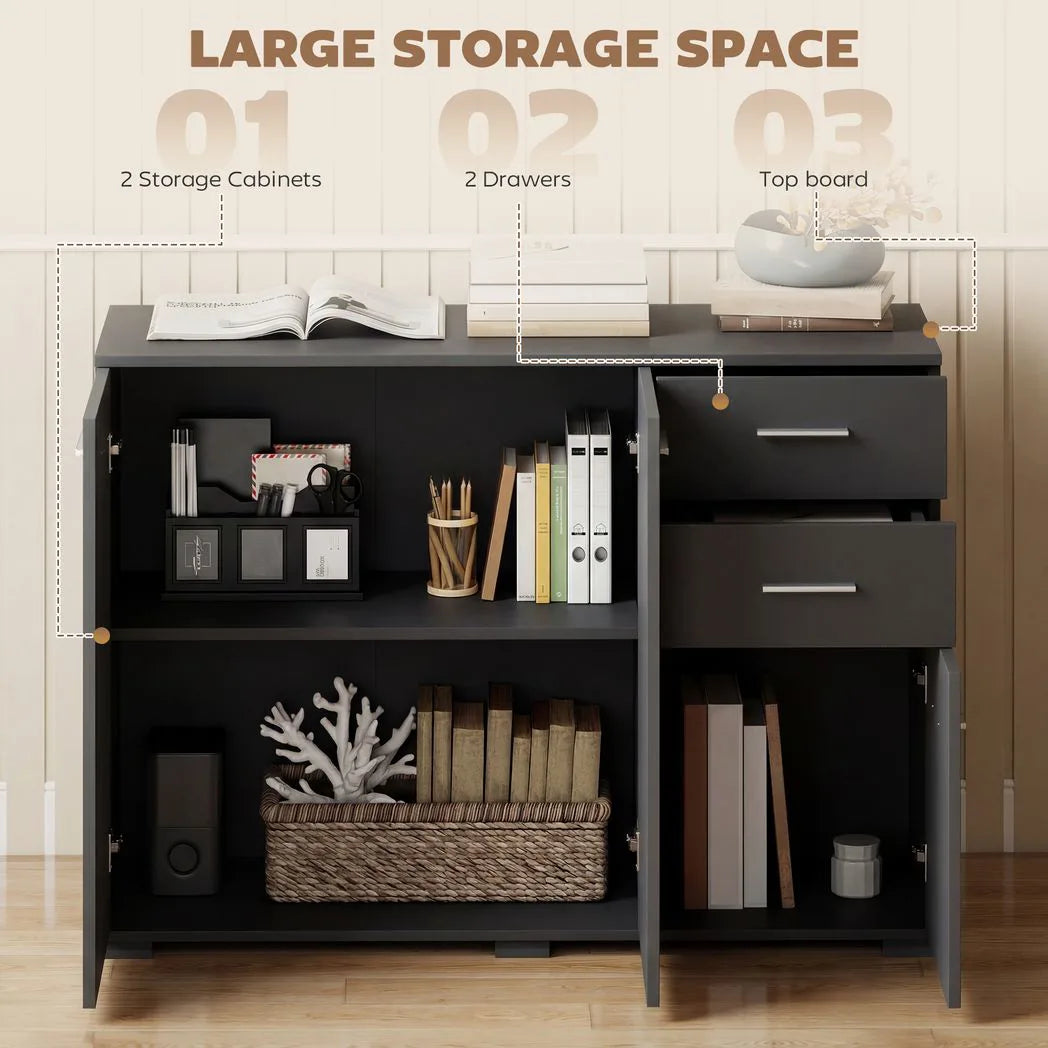 HOMCOM Sideboard, Modern Storage Cabinet with 2 Drawers, 3 Doors and Adjustable Shelves, Black